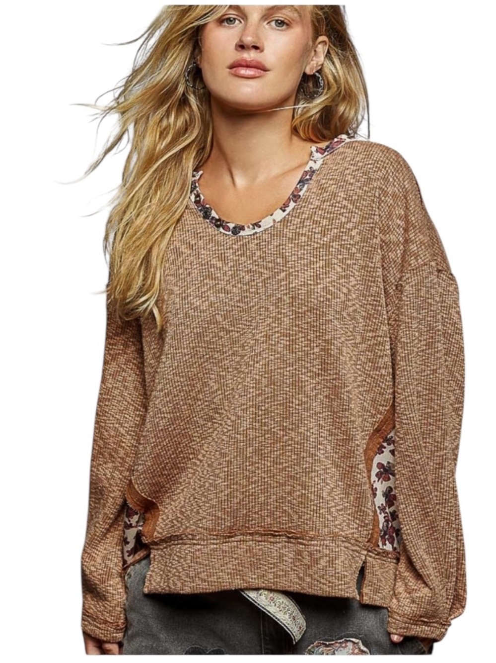 POL Brown Scoop Neck Balloon Sleeve with Floral accents Top - Picture 5 of 7